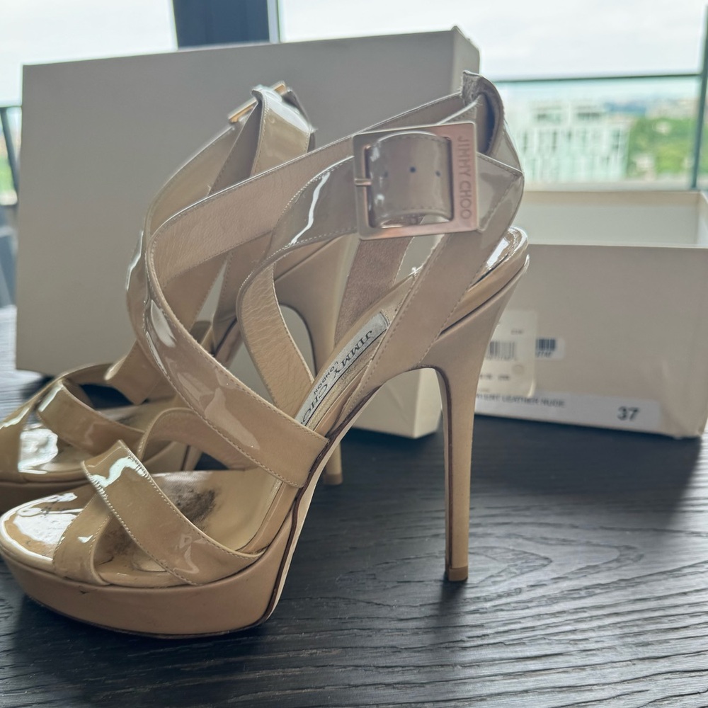 Jimmy Choo Nude Patent Leather Platform Stiletto Sandals